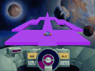 SkyRoads gameplay: a ship jumping between floating road tiles in space